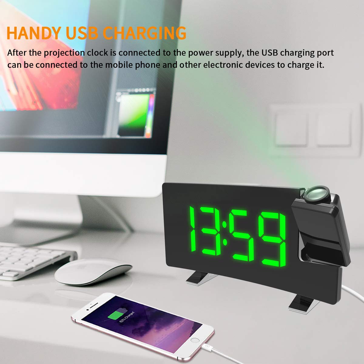 ALLOMN Reloj Despertador de Proyección, Reloj Despertador Digital FM Radio con Pantalla Curva/Proyección de Tiempo/Proyector Ajustable/Posponer/Alarmas Dobles/Puerto de Cargador USB/12/24H (Verde)