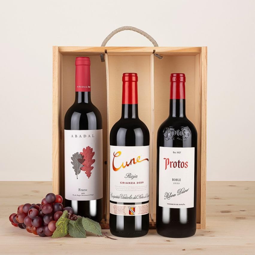 EUROLOTES Vino Tinto D.O. - Protos Roble, Cune Rioja Crianza, Abadal Franc - 3 Botellas x 750ml en Caja de Madera