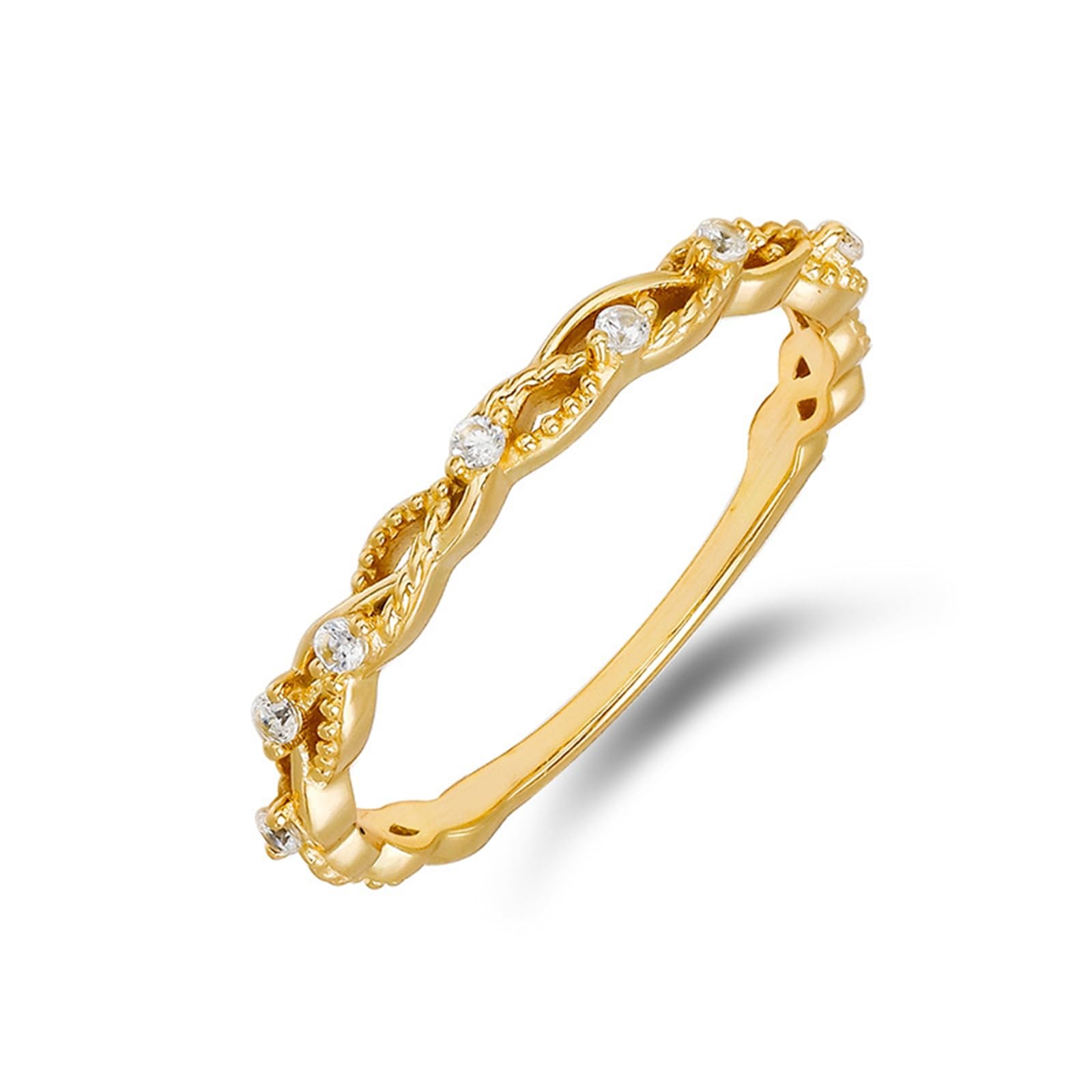 Anillo delgado apilable de oro de 9 quilates, 14 quilates y 18 quilates para mujer, delicado anillo de diamantes entrelazados de oro real