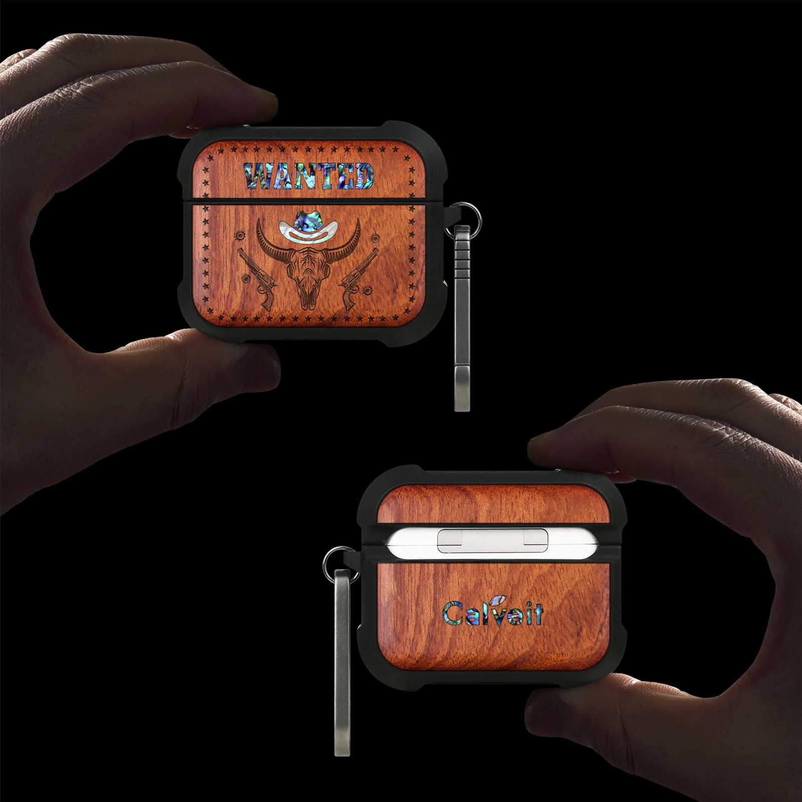 Carveit Odporne na uderzenia etui ochronne do AirPods Pro 3 (2025), drewniane grawerowanie i wkładka z muszli, kompatybilne z Airpods Pro 3, tytanowe szybkie zapięcie (różowe skrzydła esencji)