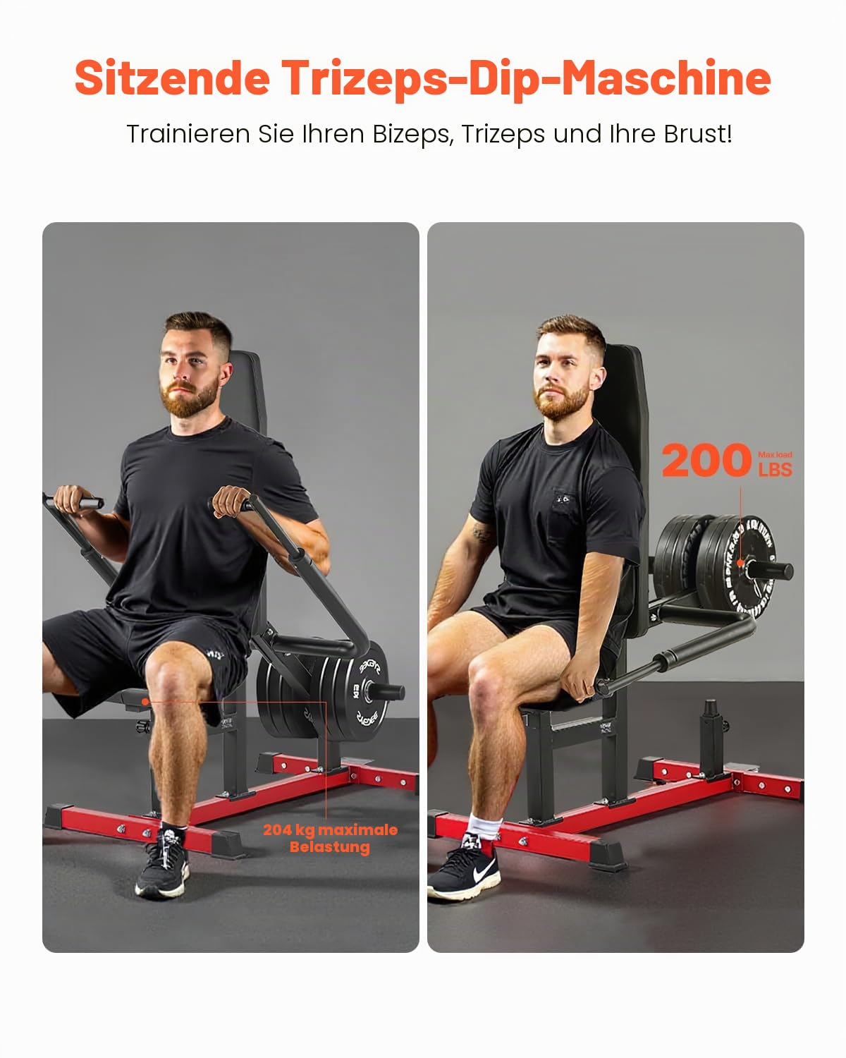 VEVOR Dip-Maschine im Sitzen Trizeps Bizeps Pressemaschine (204 kg belastbar) mit Kabelstange, verstellbarem Sitz & Rückenlehne, Trainingsgerät für Brusttraining Oberkörper-Push-Fitness-Workout