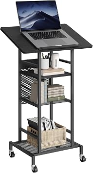 MAHANCRIS Podium Stand with Locking Wheels, 4-Tier Mobile Lectern with Storage Shelves and Non-Slip Lip, for Classroom, Church, Conference Standing Desk, Black LPBK6001