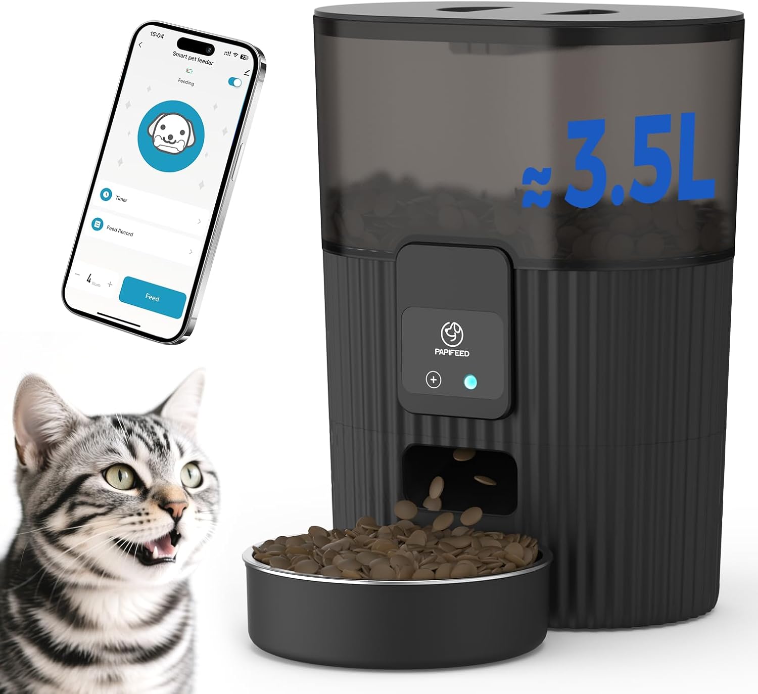 PAPIFEED Automatic Cat Feeders with APP: WiFi Pet Dry Food Dispenser Compatible with Alexa & Echo,Smart Timed Auto Cat Feeder with Anti-bite Power Cord for Cats, Dogs,Up to 10 Meals Per Day(15 Cups