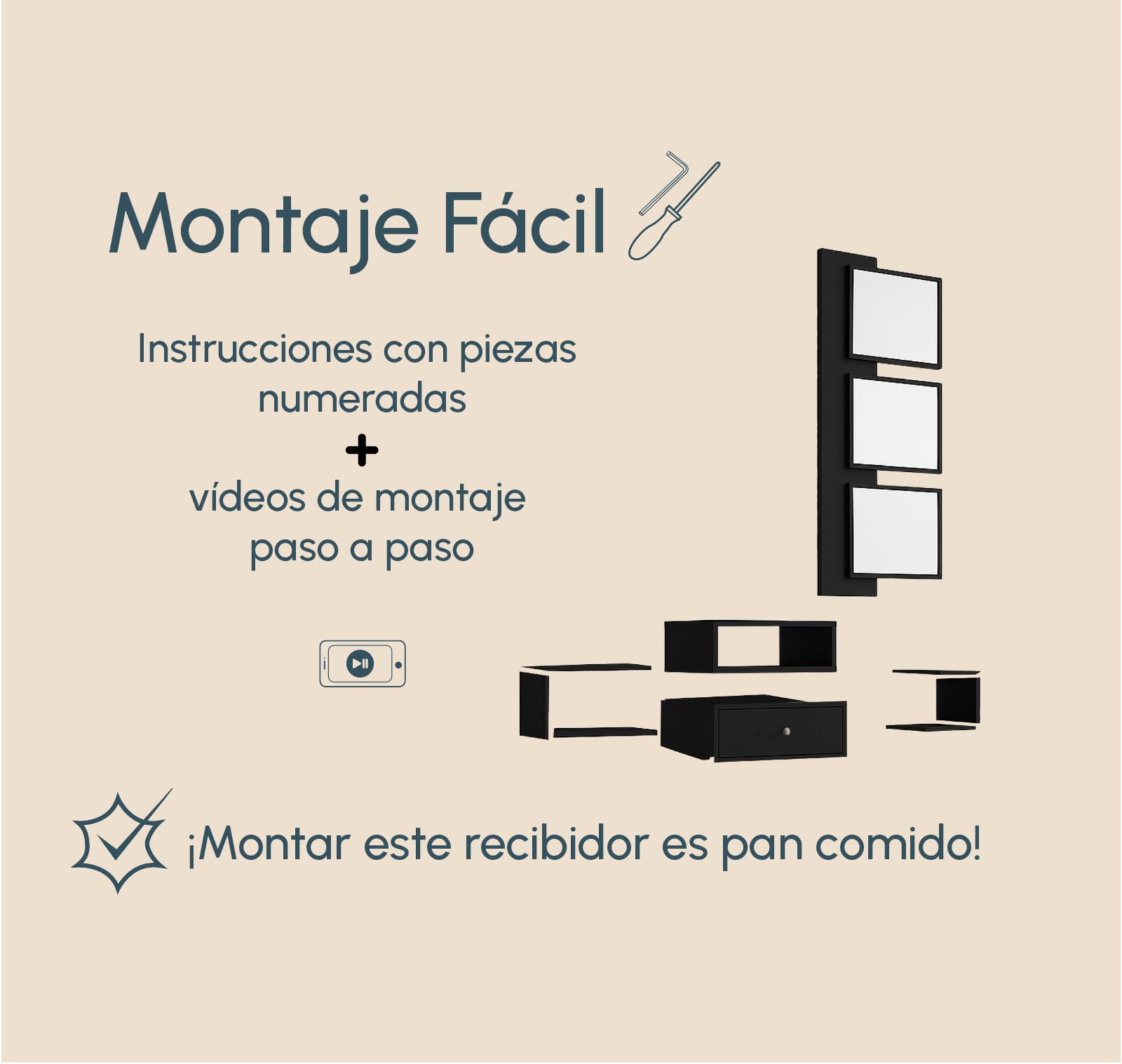 MB Muebles Bonitos | Recibidor Suspendido Neo con Espejo Modular y Cajón | Mueble de Entrada Flotante Moderno | Estante de Pasillo de Diseño | Melamina Mate | 99x145x29 cm | Color Negro