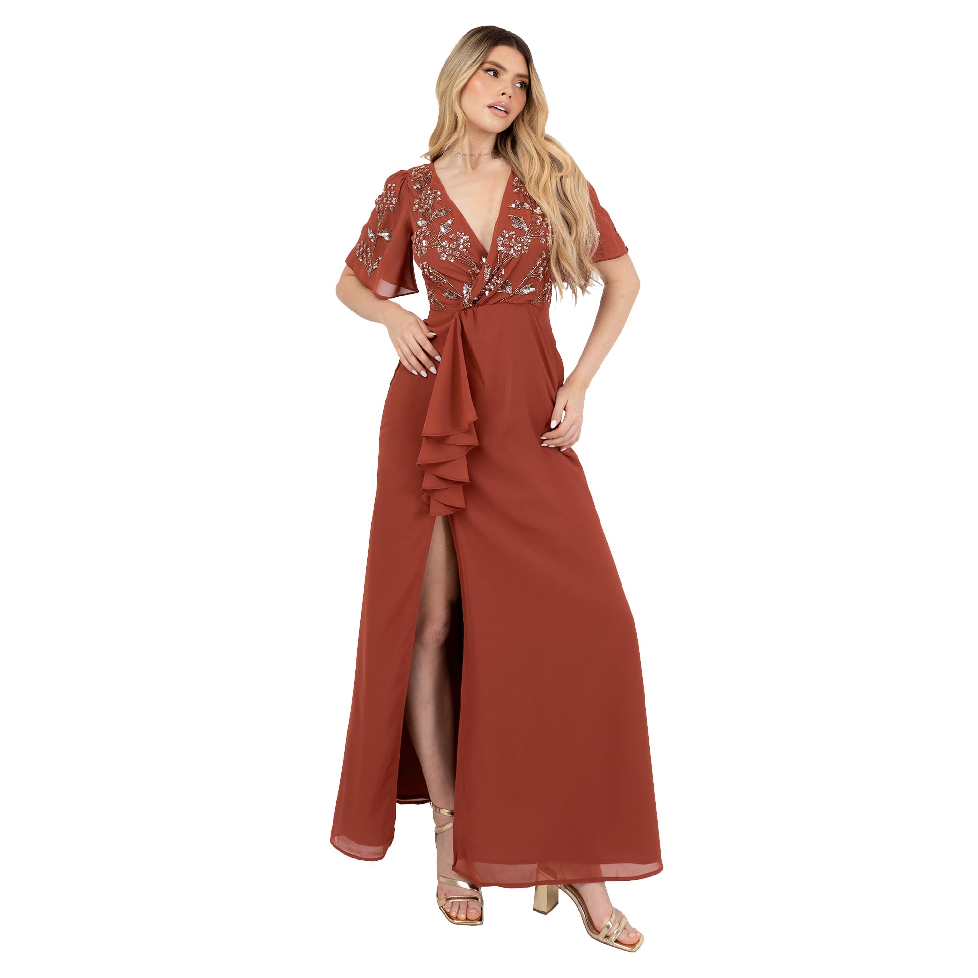 Maya Deluxe Women's Maxi Ladies V-Neck Short Angel Sleeve Sequin Embellished Ruffles Side Split A-line Evening Ball Gown Dress