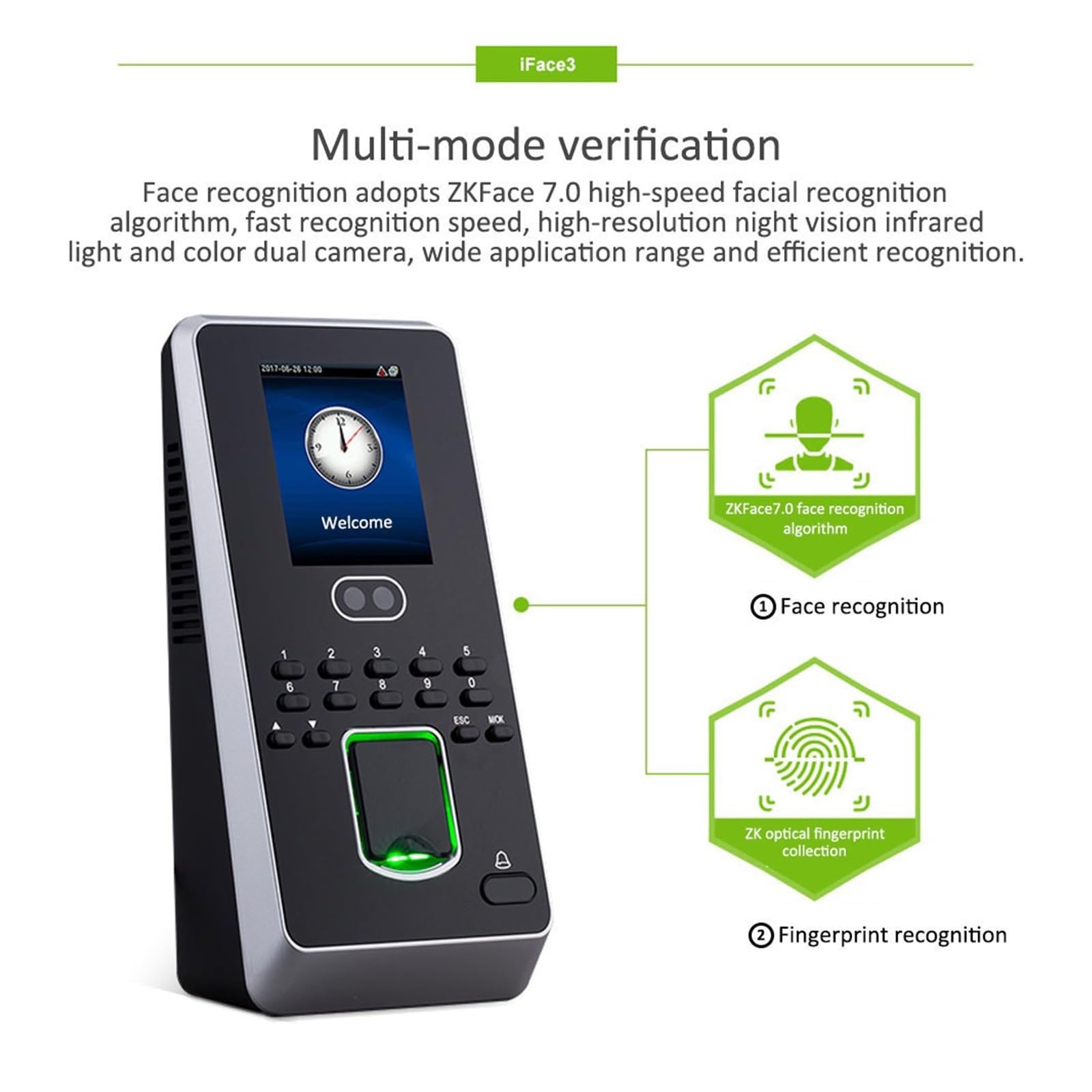 Máquina de Fichaje, Iface3 Reconocimiento facial Tiempo de asistencia y control acceso con lector huellas dactilares Comunicación USB TCP/IP(Multibio800-IC,Arabic)