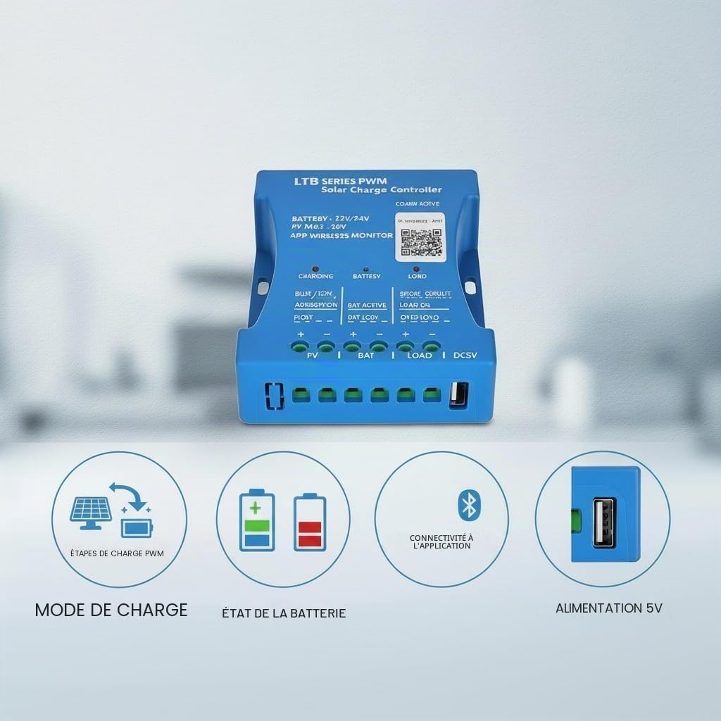 【30A Contrôleur de Charge Solaire Bluetooth】Régulateur Solaire 30A PV max 50V 12V/24V Contrôleur Solaire PWM pour Batteries Acide au Plomb, LiFePO4, Lithium