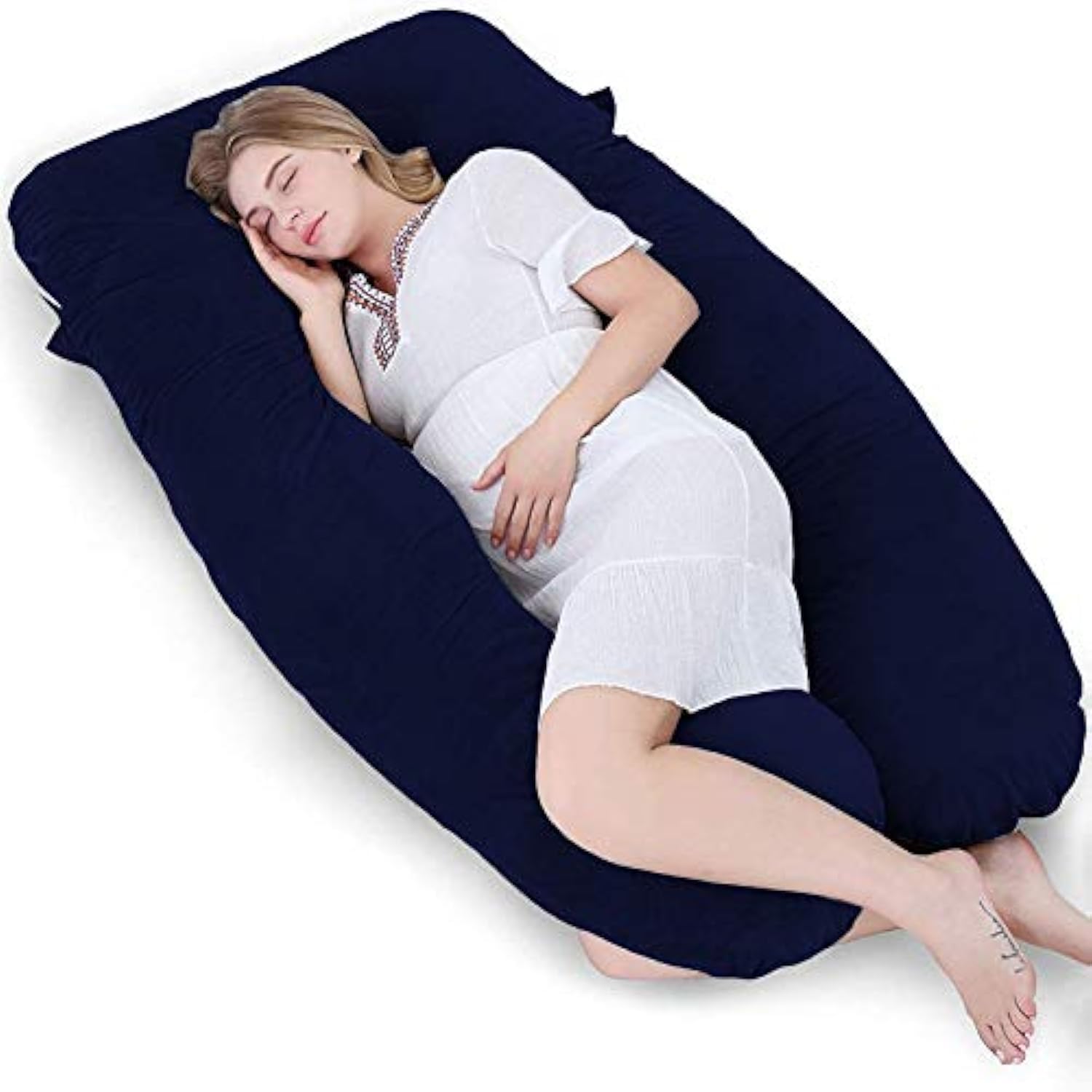 DADDY COOL U Shaped Full Body Support Pillow/Maternity/Feeding/Nursing Pillow Pain Relief Back/Legs/Neck/Hip for Pregnant Women with Removable Washable Velvet Cover 55' in (Dark Blue)