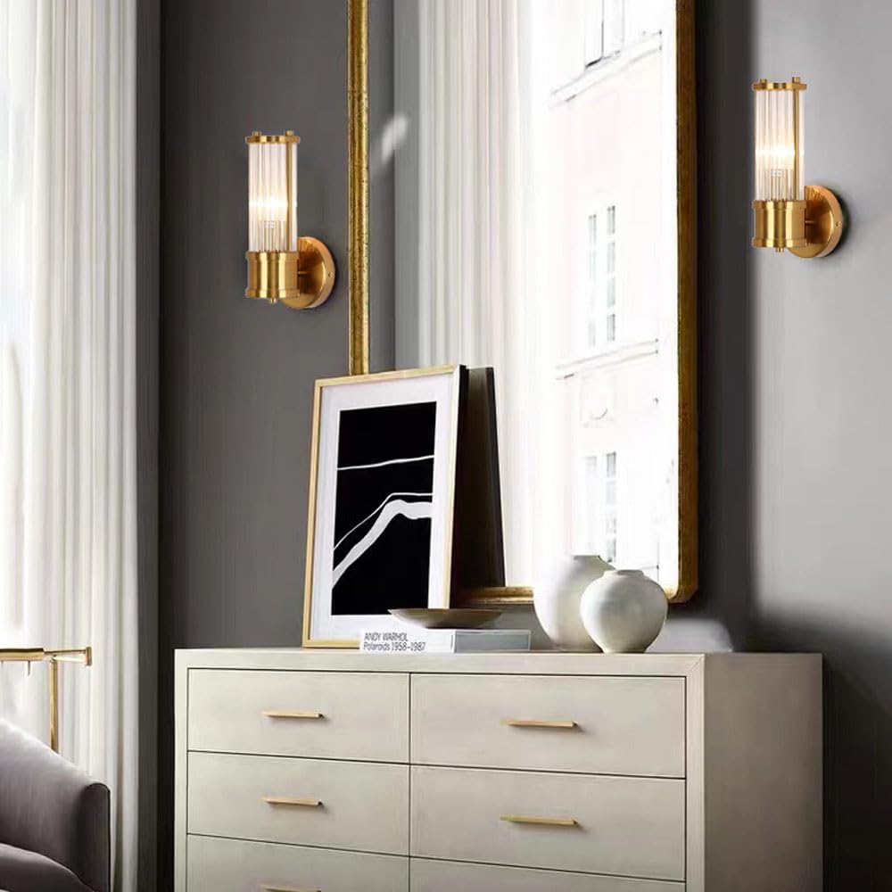 Applique da Parete con Vetro a Coste Dorate, Lampada da Bagno Moderna, Applique a Cablaggio Fisso, Illuminazione Interna con Attacco E27, luci per Soggiorno, Camera da Letto, lampa