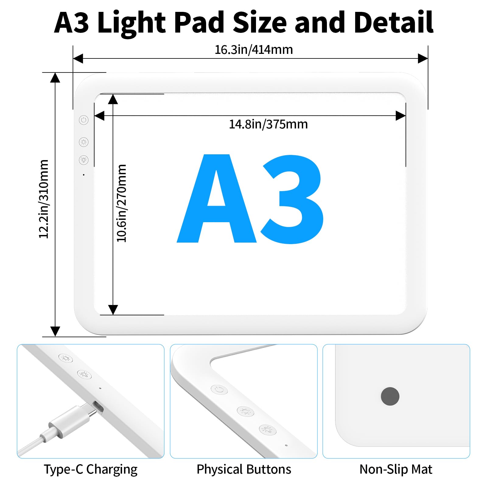 TOHETO A3 wiederaufladbares LED-Licht-Pad, superhell, angetrieben durch 3500 mAh Lithium-Batterie für Jäten, Vinyl, tragbare kabellose Leuchttafel/Box zum Nachzeichnen, Diamantmalen, Skizzieren und