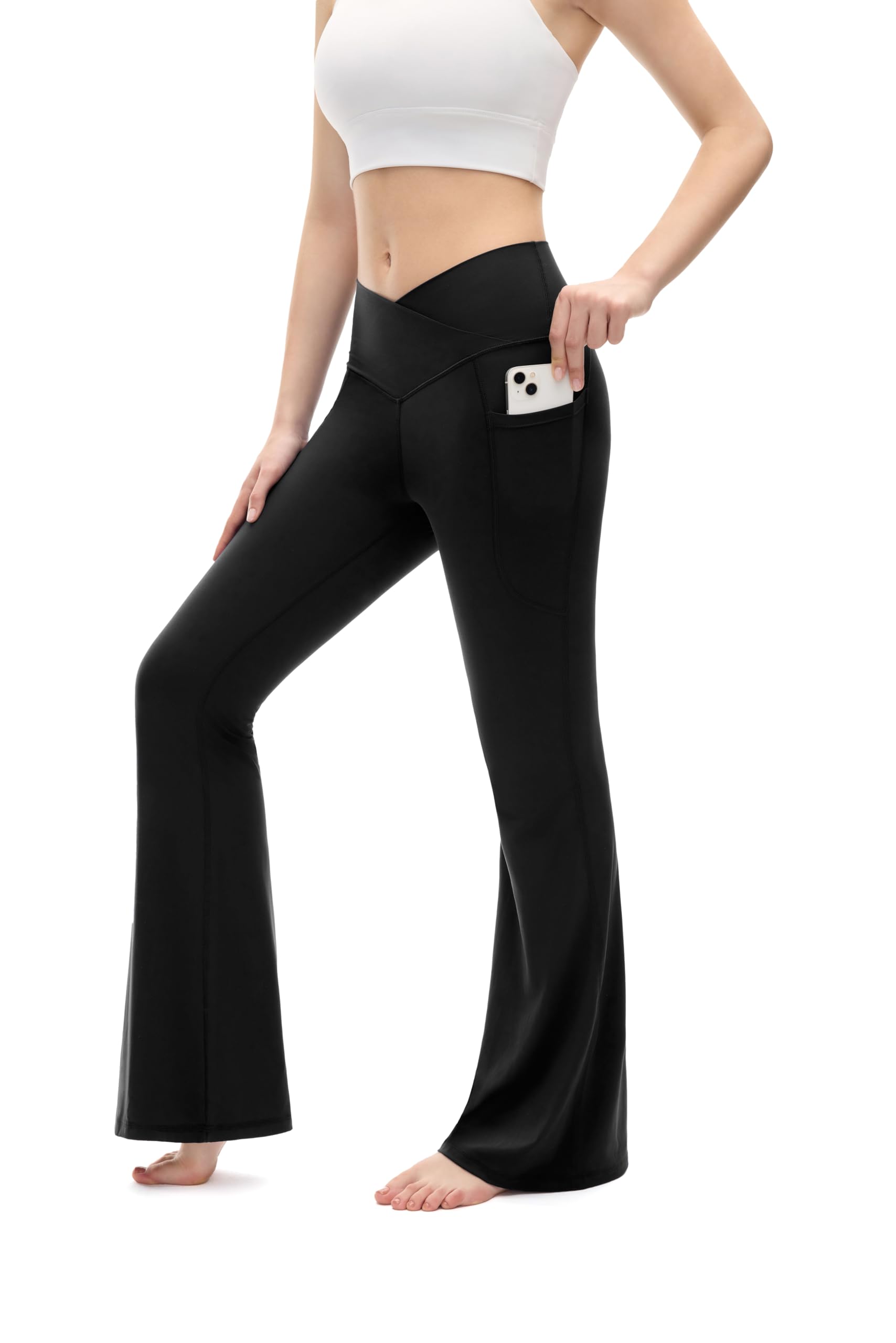 Trryln Women's Flare Yoga Pants Crossover Flare Leggings Tummy Control High Waisted Casual Bootcut Pants with Pockets 32