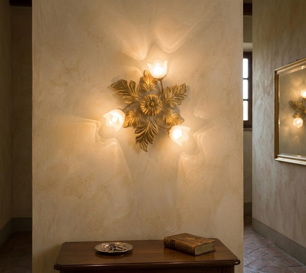 Plafoniera in ferro battuto con foglie color oro a 3 luci boccioli e vetri
