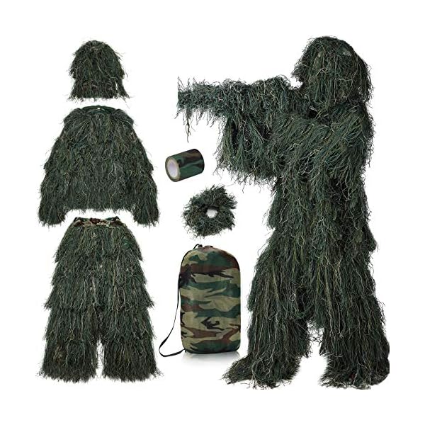 PELLOR Faschingskostüme Männer 3D Ghillie Tarnanzug, 6 Stück Set Tactics Jagdbekleidung Scharfschützenanzug, Selbsthaftend Wiederverwendbare Dschungel Woodland Camouflage Anzug Kleidung Für Jagd