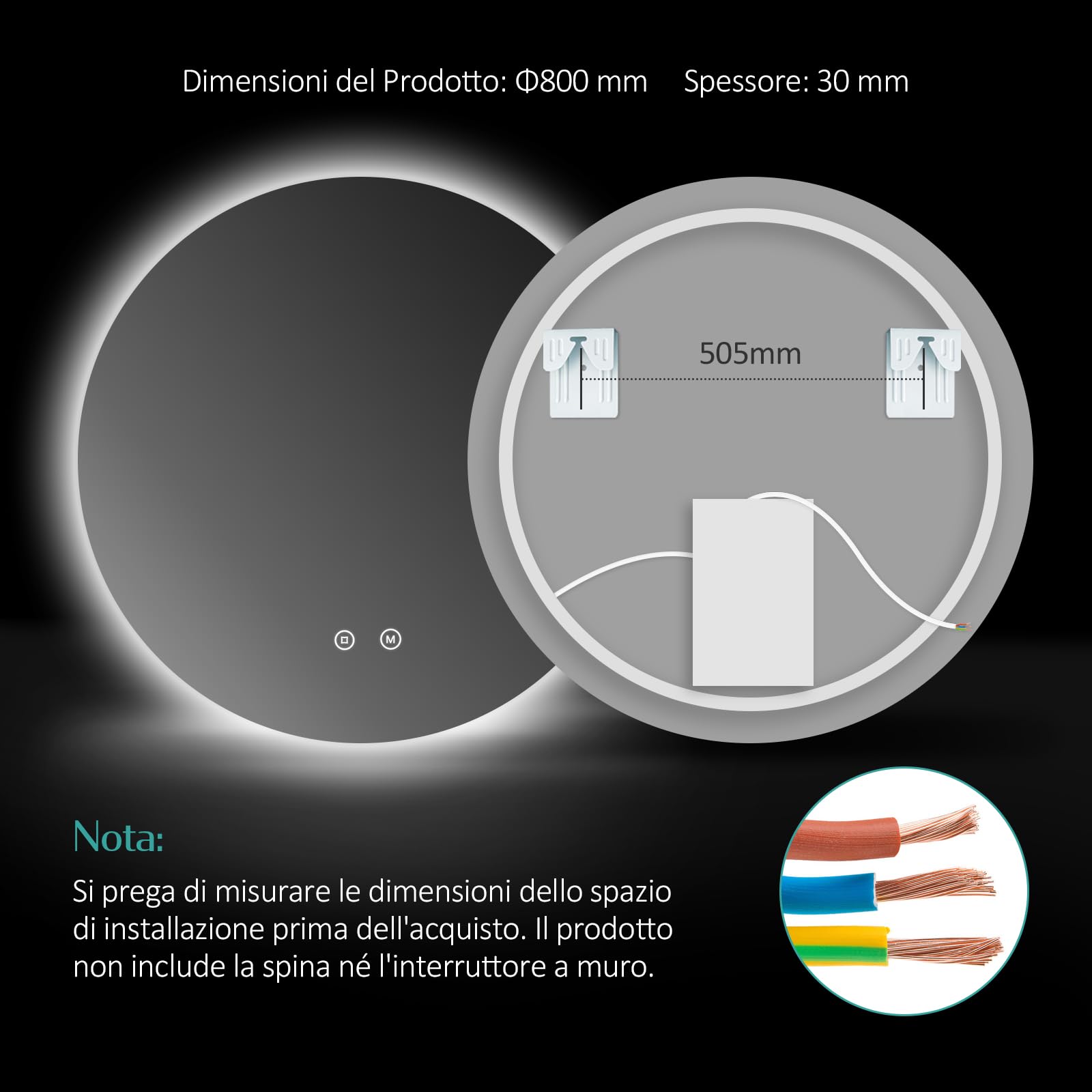 EMKE Specchio Bagno Rotondo con Luce 80 cm, Specchio Bagno LED con Interruttore Tattile Luce Bianca Fredda 6500K / Luce Calda 3000K / Luce Neutra 4000K (Tipo 2)
