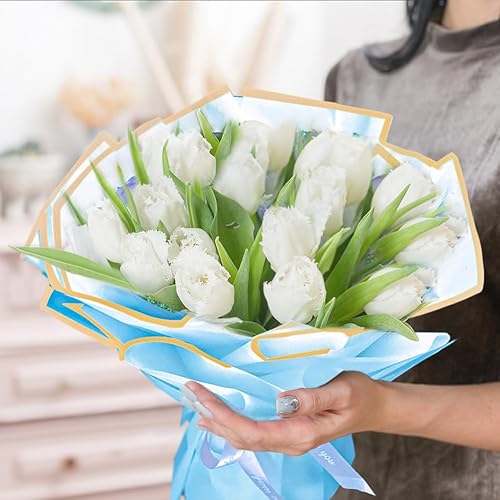 Miniatura 6 de 20 hojas de papel de regalo de flores azules, papel de embalaje de ramo de floristería impermeable con cinta de satén, mariposas 3D, alfileres de