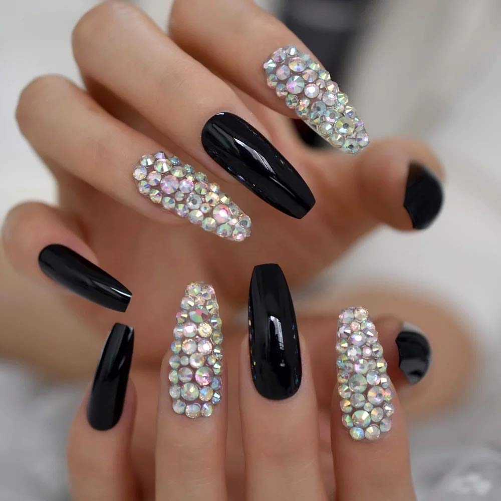 Amazon.com : EDA LUXURY BEAUTY BLACK DARK 3D LUXE JEWEL DESIGN Press On  Nails Full Cover Acrylic Nail Kit Artificial Nail Tips Extra Long False  Nails Ballerina Coffin Square Nail Art Fake