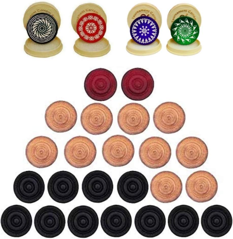 Carrom Board Wooden Coins and Tournament Striker Professional Set, ( 24 Carrom Board Pieces + 4 Striker Random Design with Case) – White/Red/Black