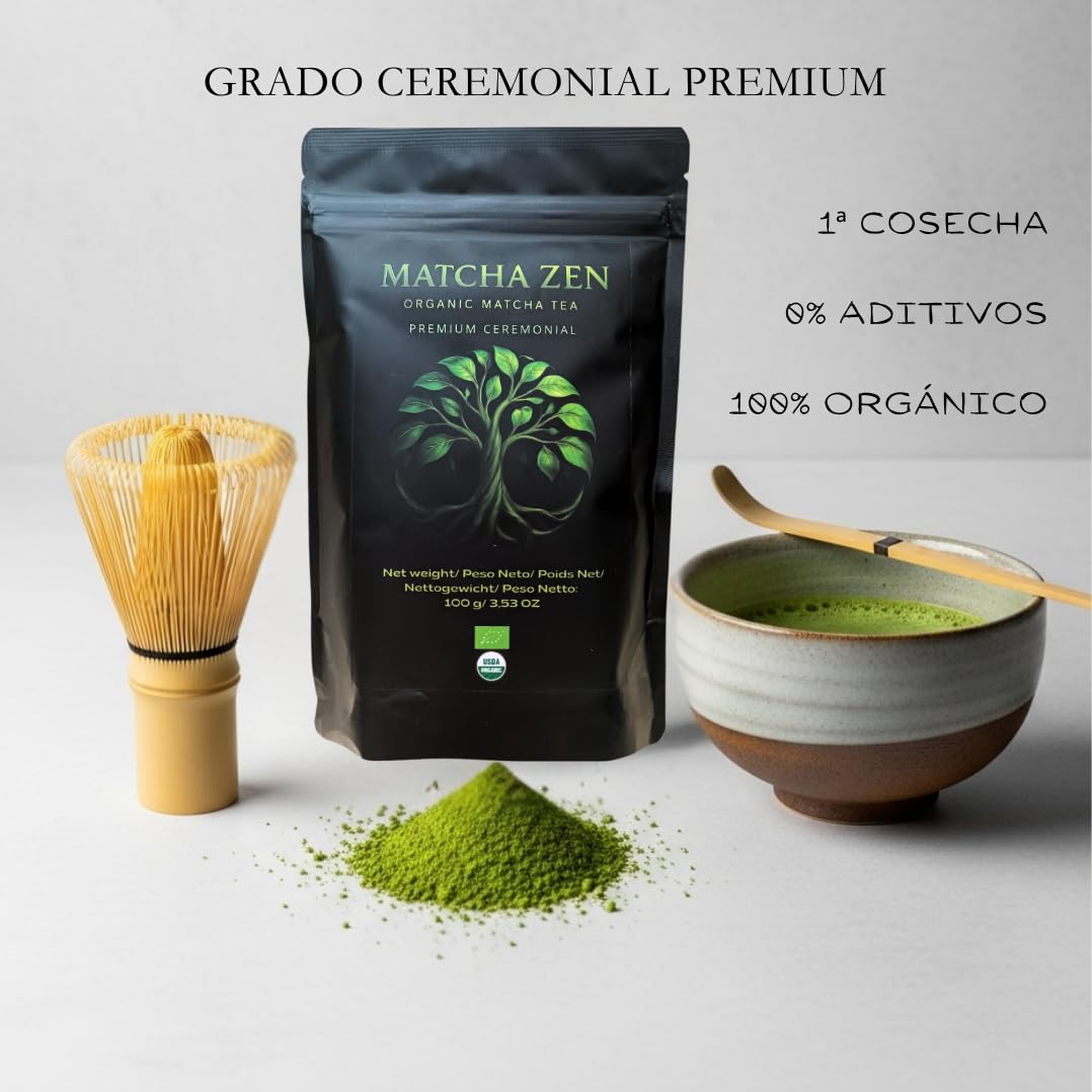Té Matcha grado Ceremonial premium bio 100 g| Matcha 100% ecológico | Té verde en polvo orgánico | Macha en polvo | MATCHA ZEN