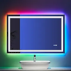 48x32 inch LED Lighted Bathroom Mirror,RGB Color Changing LED Mirror for Bathroom,Dimmable Anti-Fog Backlit Vanity Mirror (RGB Multicolor Backlit + Adjustable Front-Lighted)