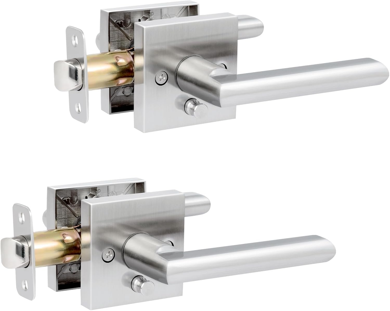 HOSOM 2 Pack Privacy Door Handles with Lock for Bedroom and Bathroom Satin Nickel Keyless Interior Door Knobs Reversible Square Door Locks