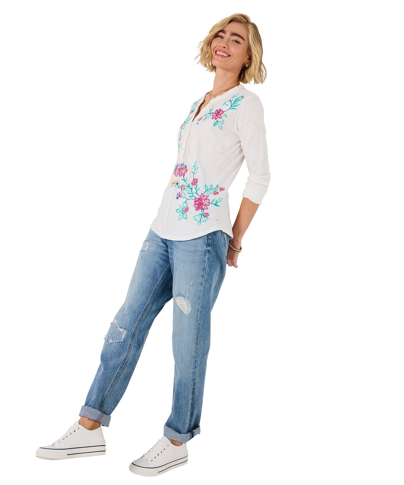 Joe Browns Women's Embroidered Floral Jersey Henley Top, Regular, White, UK 14
