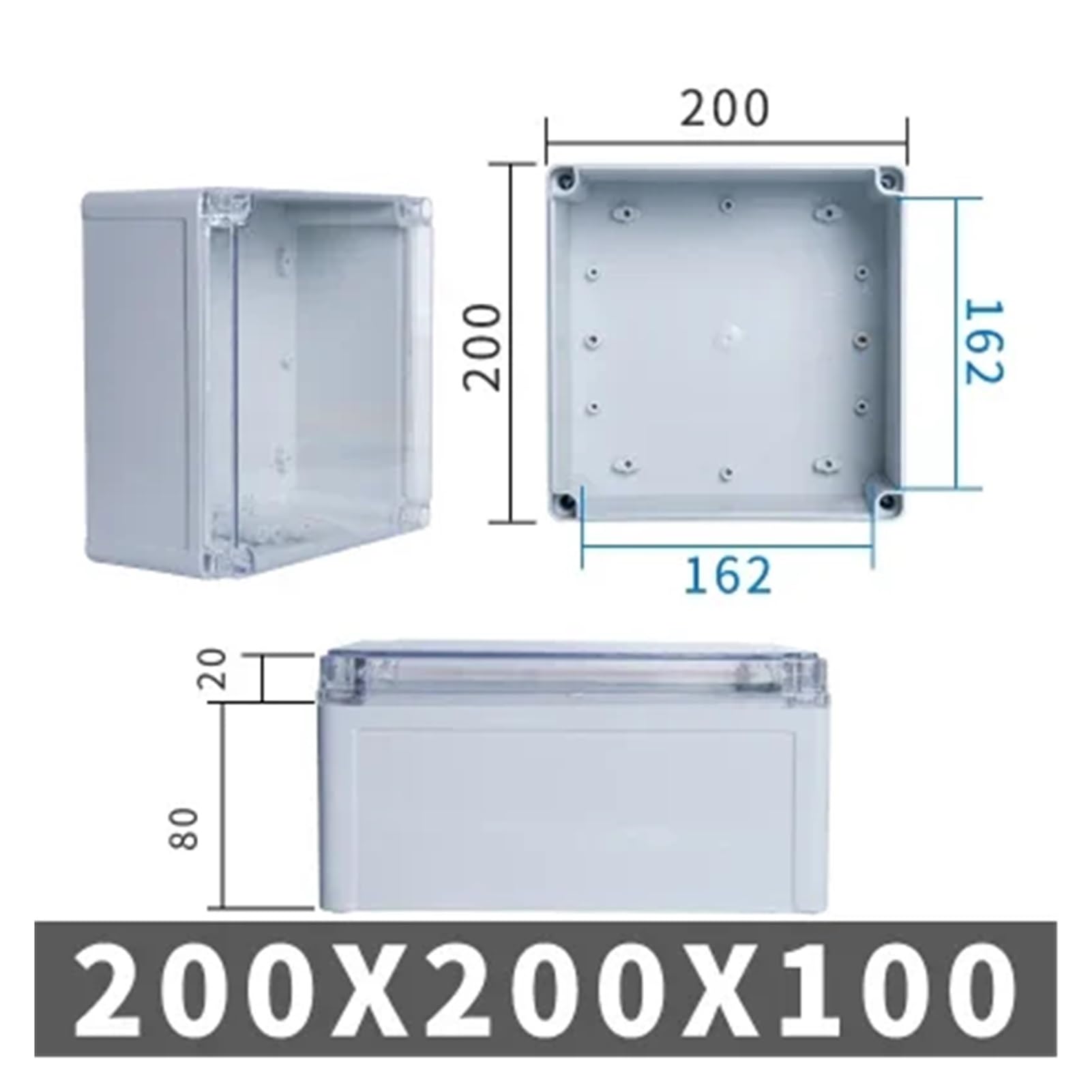 Wasserdichte Anschlussdose IP67 Transparente Abdeckung Im Freien Wasserdichte DIY Elektrische Anschlussdose ABS kunststoff Gehäuse Fall Verteiler box 1 Stück(200x200x100mm)