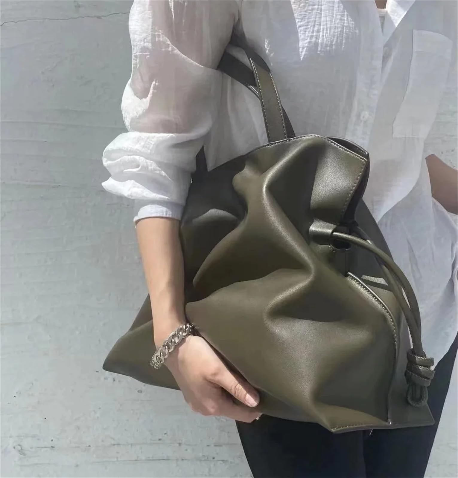 Leder Extra Große Umhängetaschen Frauen Handtasche Bucket Bag Designer String Tote für Büro, Schule, Einkaufen, Reisen(White)