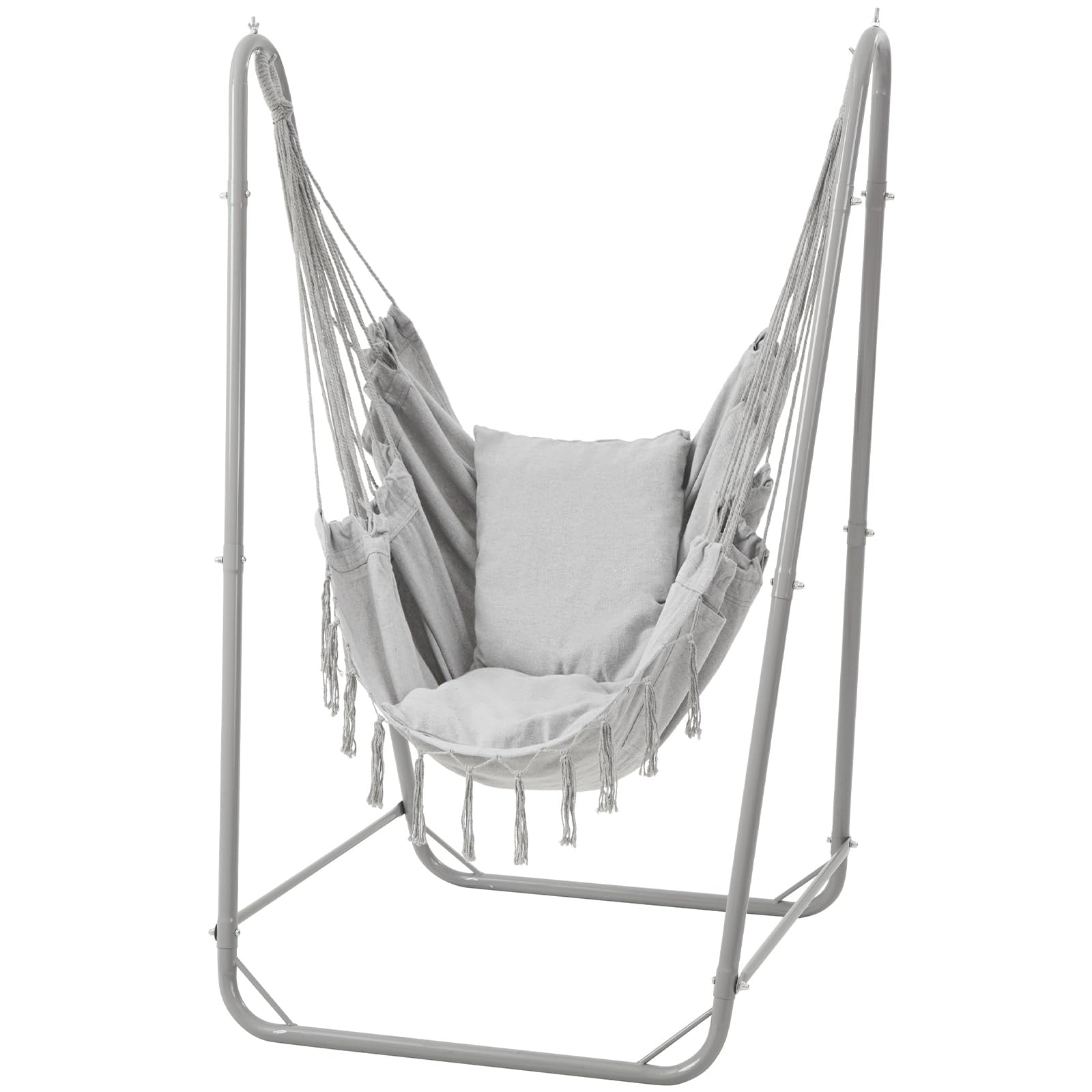 Silla Colgante en U con Soporte, Silla Colgante de Acero Resistente con Soporte para Interior y Exterior, Base Estable, Capacidad 100 kg, Montaje fácil - Gris