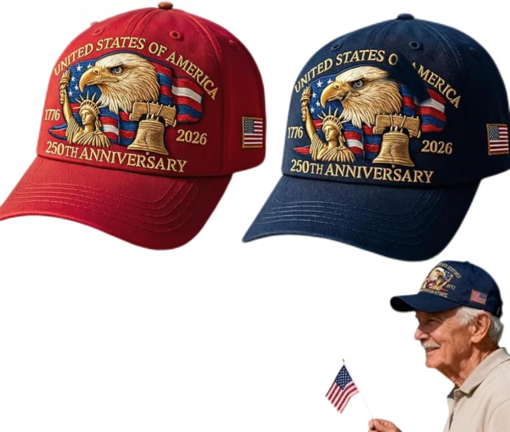 2PCS 250 Anniversary USA Hat Adjustable 250 Year American Anniversary Hat USA Patriotic Caps Retro Embroidered Cap for Men Women Gifts Navy Blue and Red