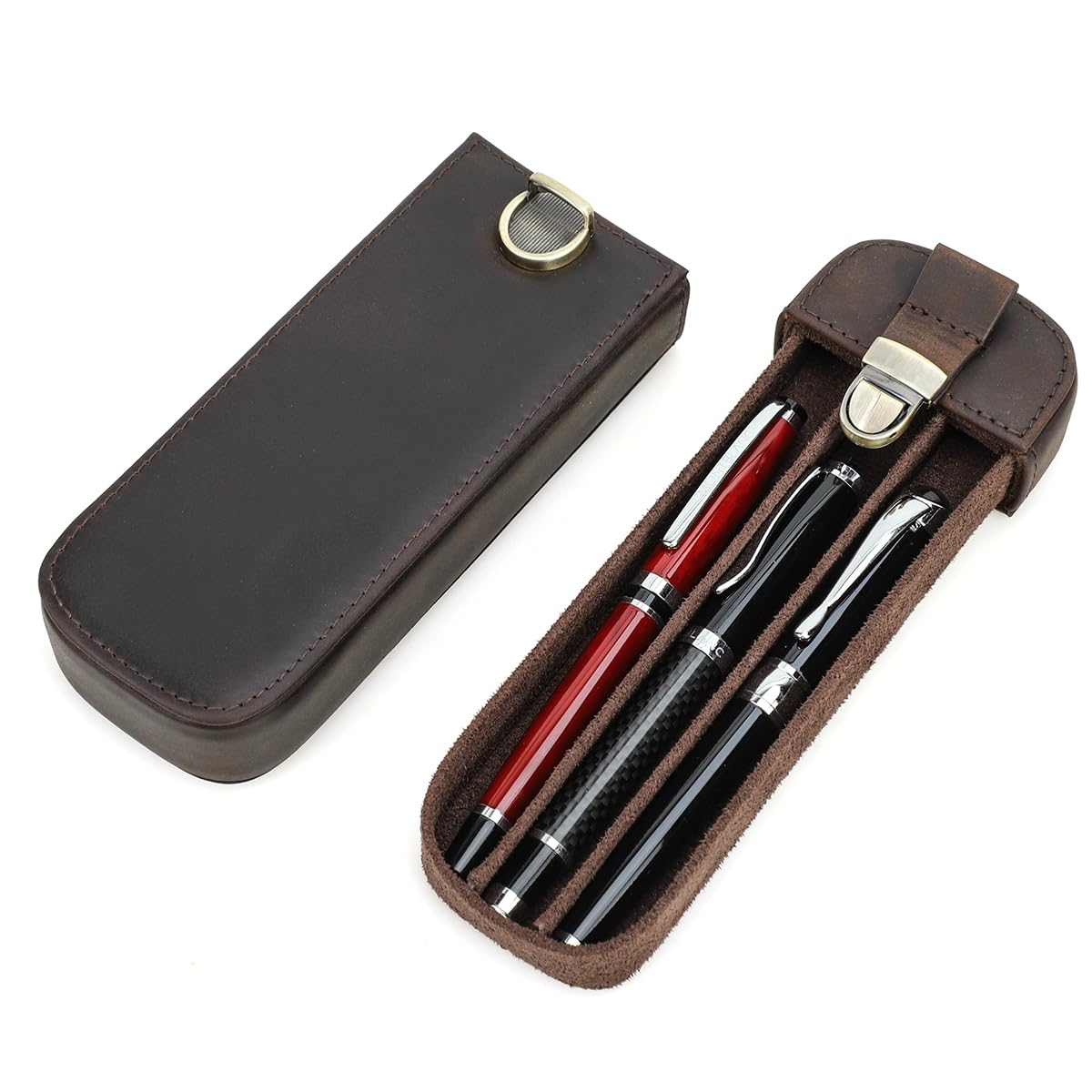 contact's family Leather Fountain Pen Case Vintage 3 Pens Tray Case Holder with Secured Brass Lock Closure Elegant Pencils Organizer Box-picture-49