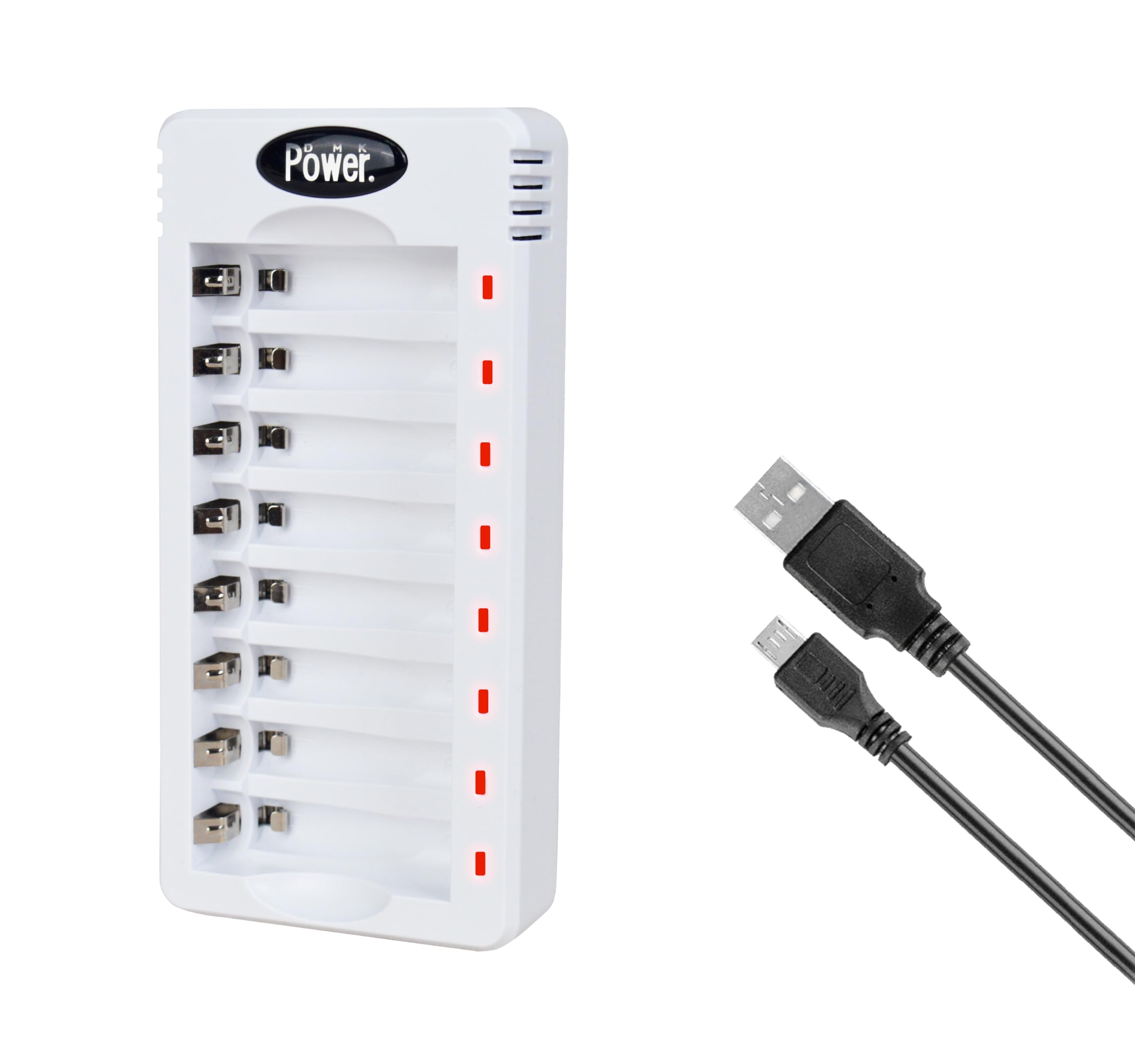 DMK Power AA AAA 8 Slots Rechargeable Battery Charger with micro USB cable, USB High-Speed Charging, Independent Slot, fit for 1.2V Ni-MH/Ni-CD Rechargeable Batteries (TC-Q8)