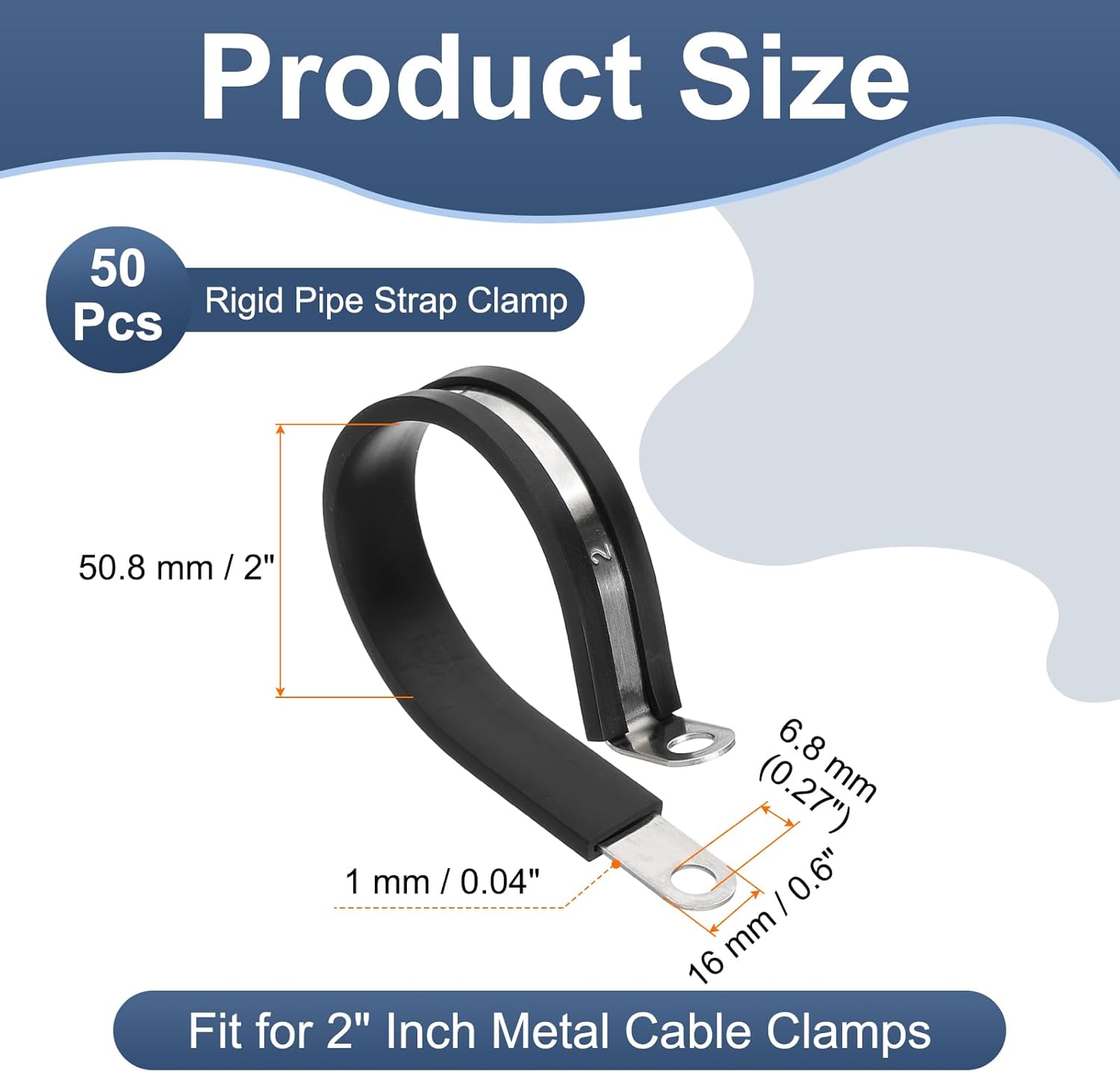 PATIKIL 2 Inch Cable Clamps, 50 Pcs 304 Stainless Steel Conduit Clamp Cable Rigid Pipe Strap Metal Rubber Clips for Pipes Wire Line Hose Bracket Tube Holder, Black (50.8mm)