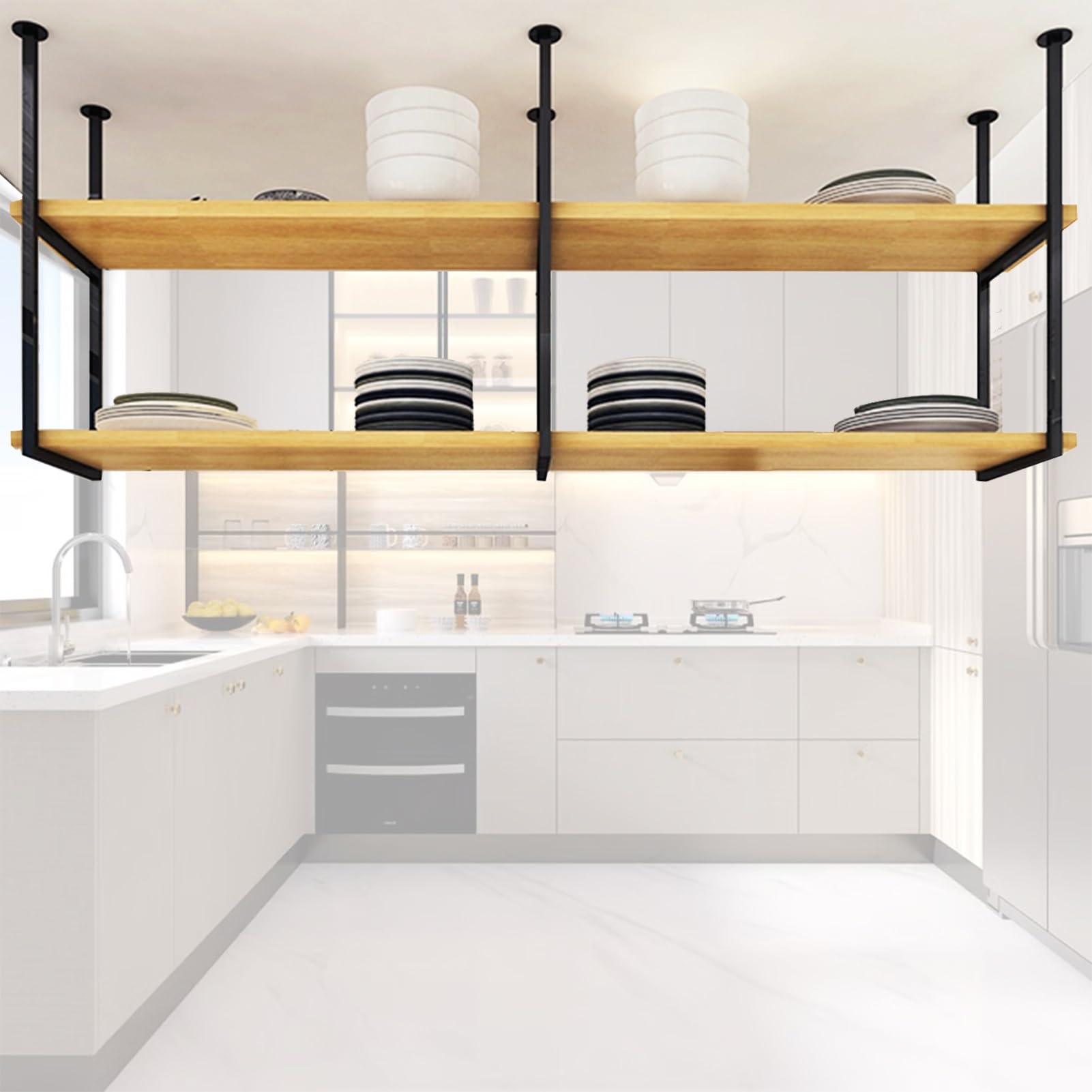 Étagère de rangement en bois et métal noble pour casseroles et décoration