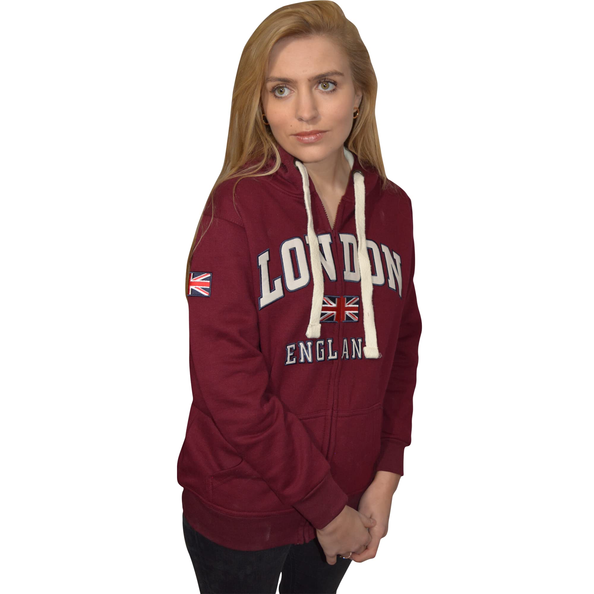 British Heritage BrandsGWCC LE129ZMOW Unisex London England Zipped Hoodie Hooded Sweatshirt Maroon Off White XS-2XL (XS)