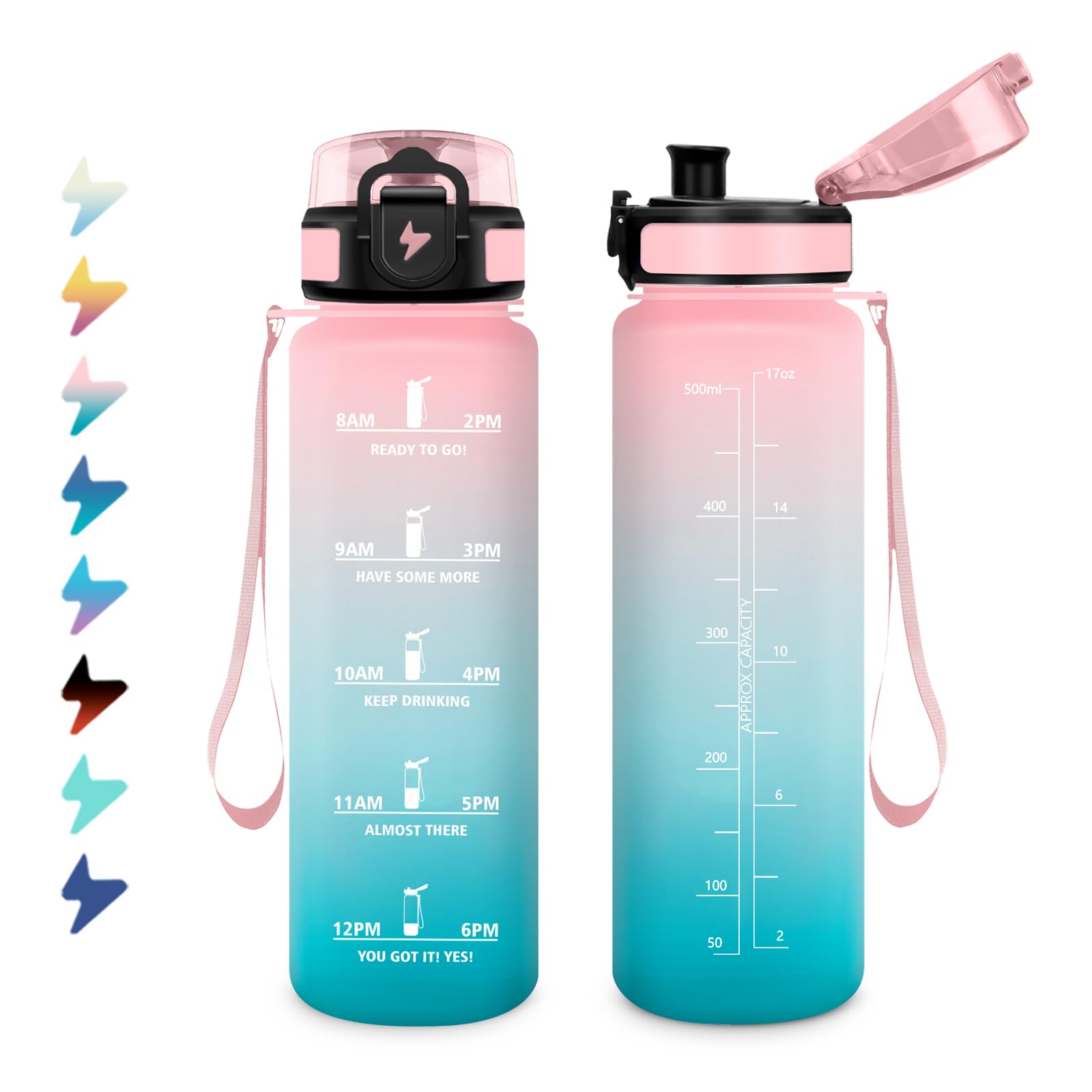 Trinkflasche 500ml, Motivierende Wasserflasche mit Zeitmarkierung, Auslaufsicher, Kinder Wasserflasche mit Filte, Kohlensäure Geeignet, Sport Trinkflasche für Radfahren, Schule, Junge, Mädchen