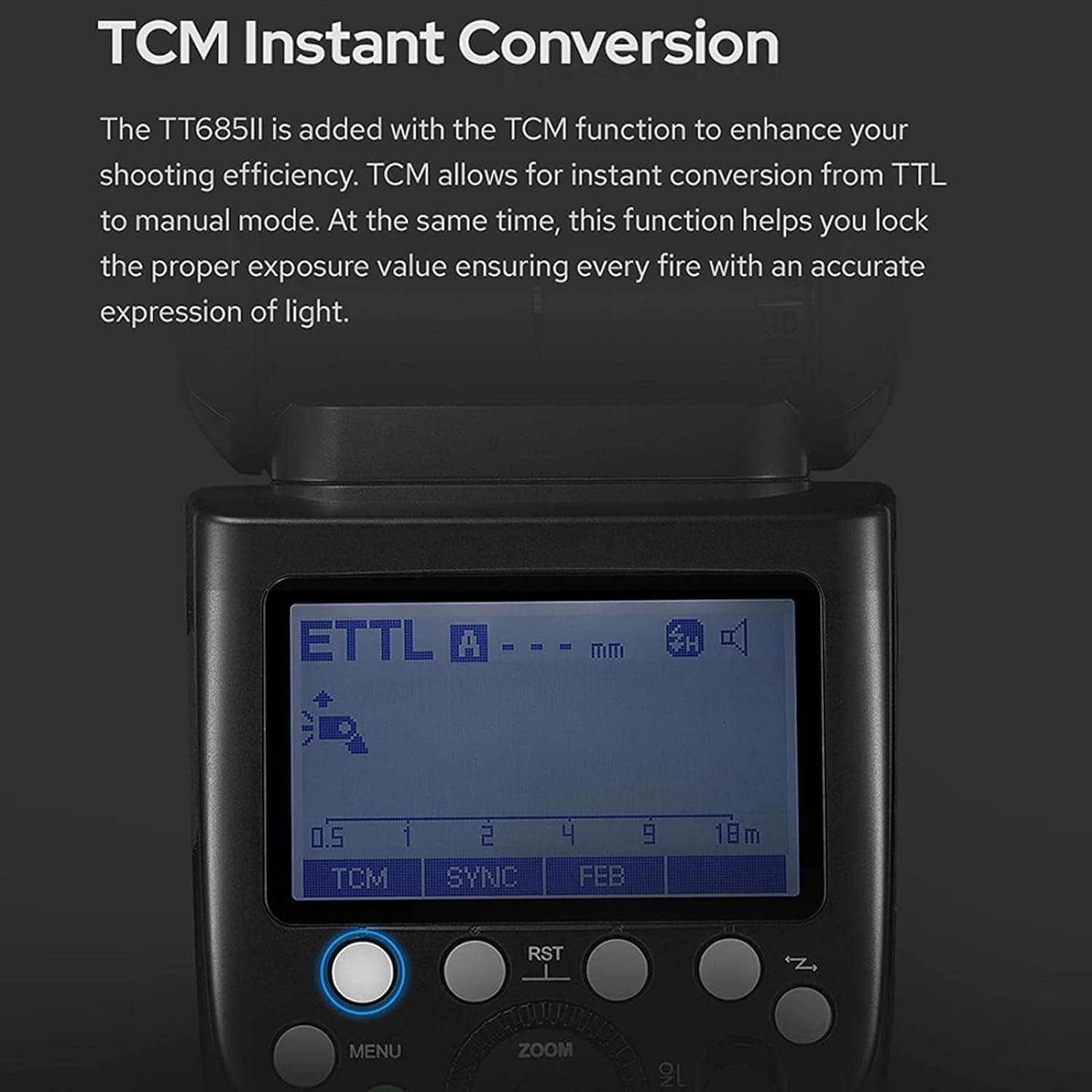 Godox TT685IIC display showing TCM function activation