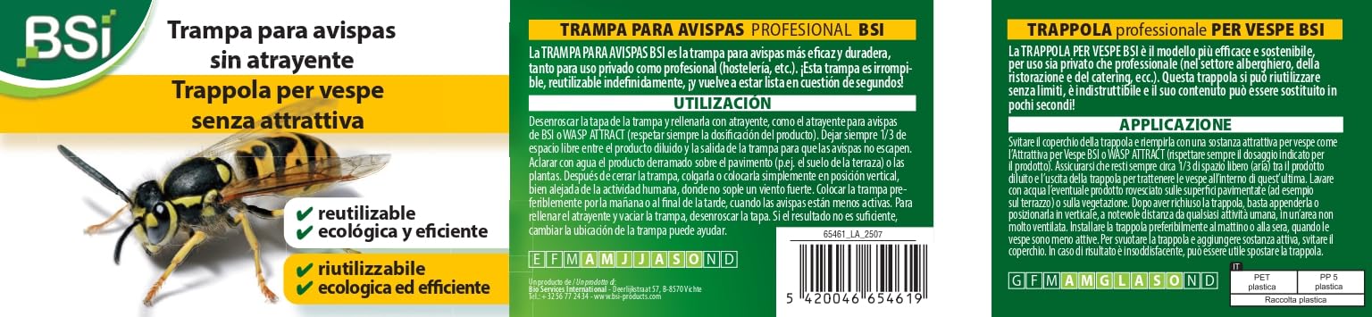 BSI - Potente Trampa para Avispas y avispones - Apta para avispones asiáticos - Natural - Reutilizable