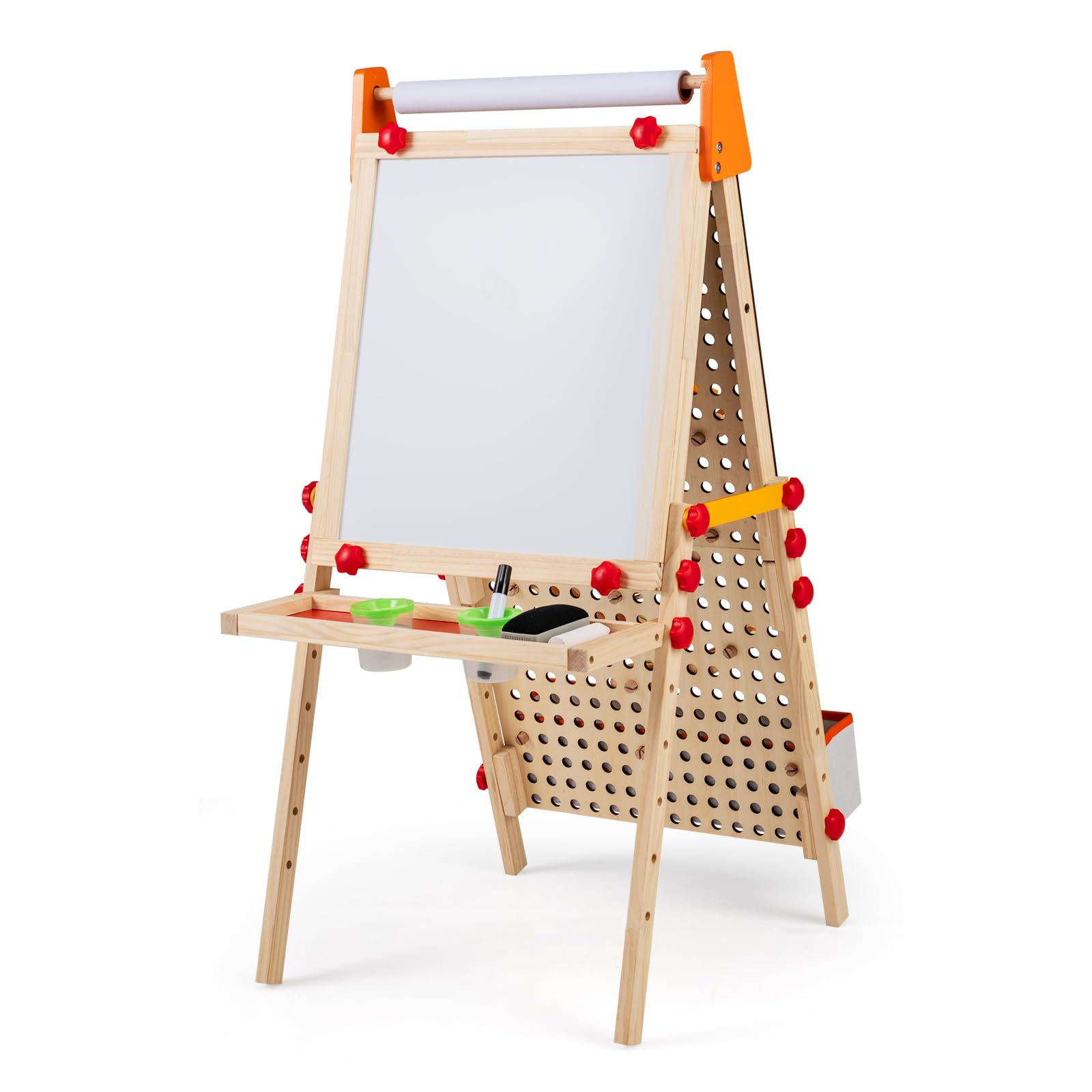 COSTWAY Tafel Kinder, Holz Spieltafel doppelseitig mit Magnet-Whiteboard, Papierrolle, Ablagefach & Murmelbahn, klappbare und höhenverstellbare Standtafel mit Zubehör für Kinder ab 3 Jahren