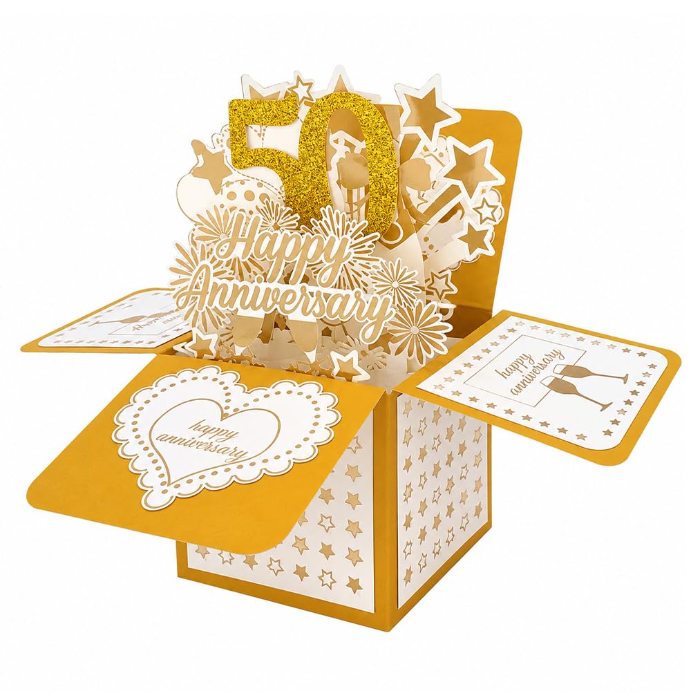 50th Anniversary Card for Couples, Gold Foil 3D Pop Up Golden Wedding Anniversary Greeting Card with Envelope, Keepsake Card for Parents Husband Wife, Happy 50 Years Married (50)