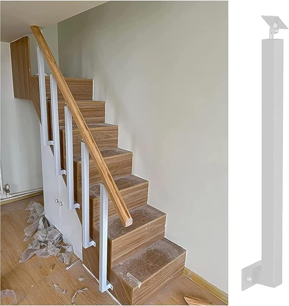 Heavy Duty Side Mount Stair Railings Kit with White Wooden Spindles & Balusters Ideal for Balconyny Deck Patio & Loft - 2.78ft Support Column for Safety & Style