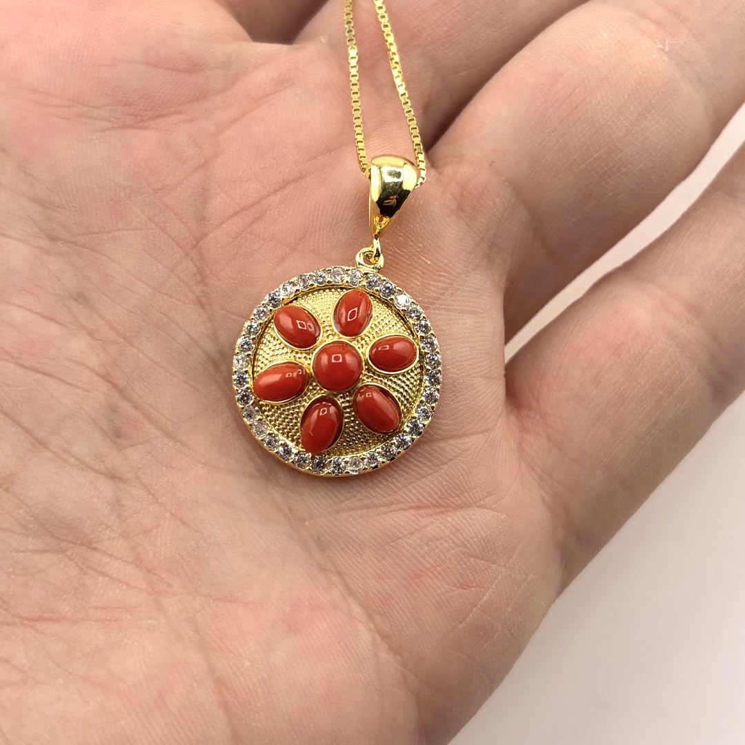 Ciondolo elegante tondo in argento 925 dorato con corallo rosso naturale del Mediterraneo catenina veneziana 45 cm gioiello donna ragazza elegante artigianale