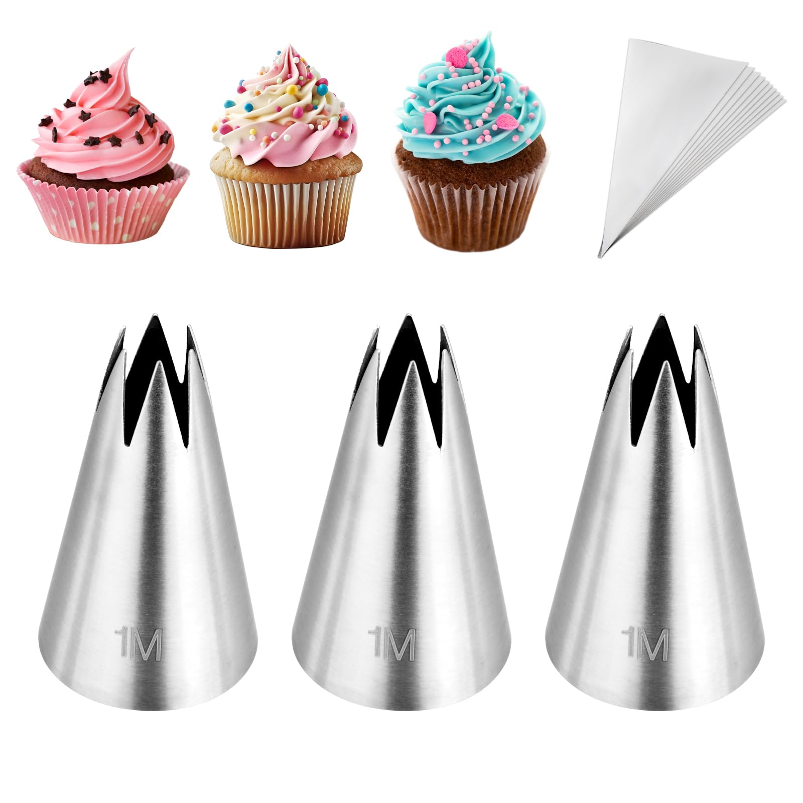 3Pcs 1M Piping Tips,Stainless Steel 1M Star Tips for Piping,Seamless Icing Tips With 10Pcs Disposable Piping Bags for Cake Decorating