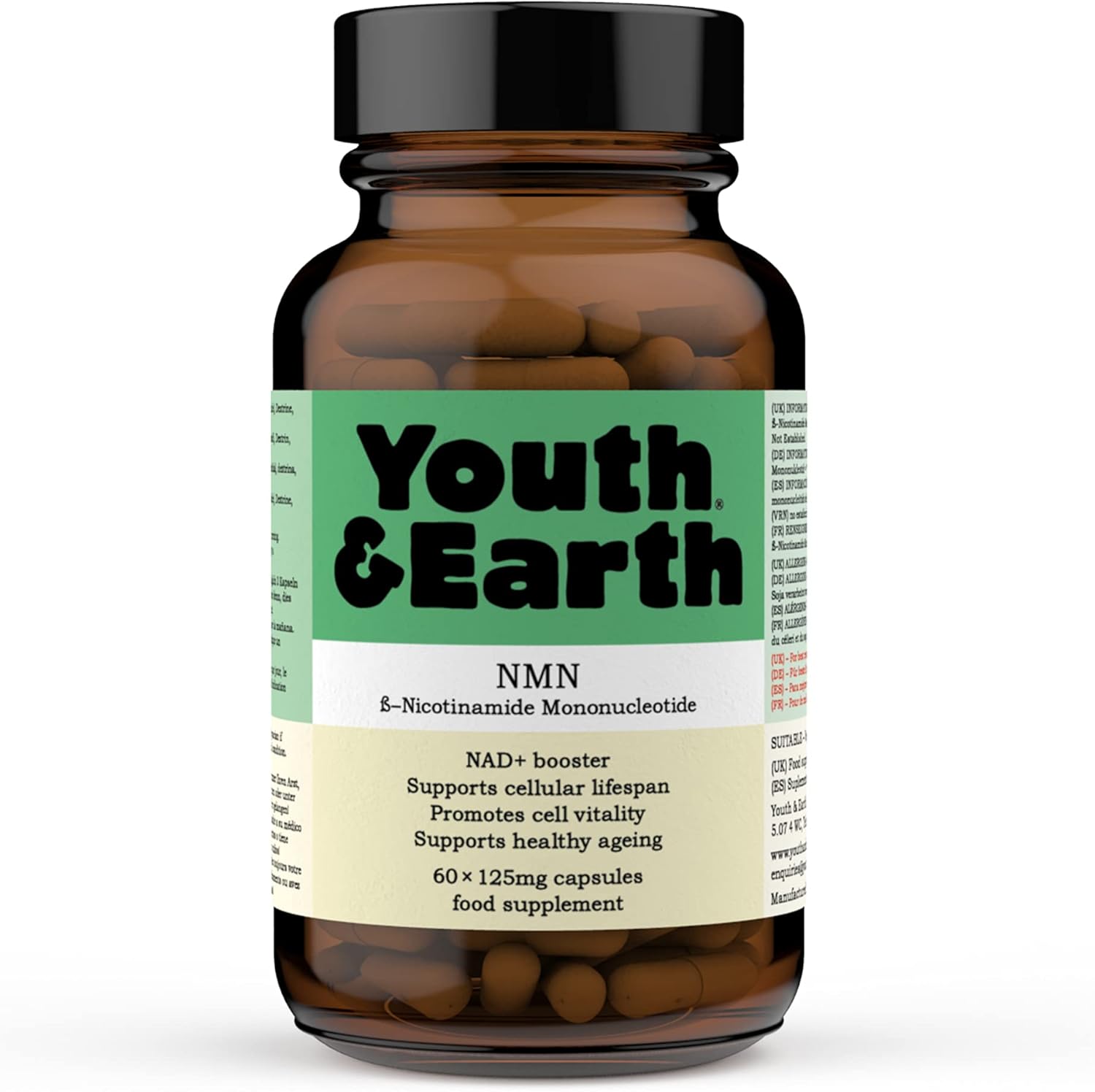 Youth & Earth NMN Nicotinamide Mononucleotide | Suplemento NAD Nicotinamida Mononucleótido | Reparación de ADN Dañado | Suplemento Anti-edad | 60 Cápsulas Veganas |125mg| Hecho en el Reino Unido