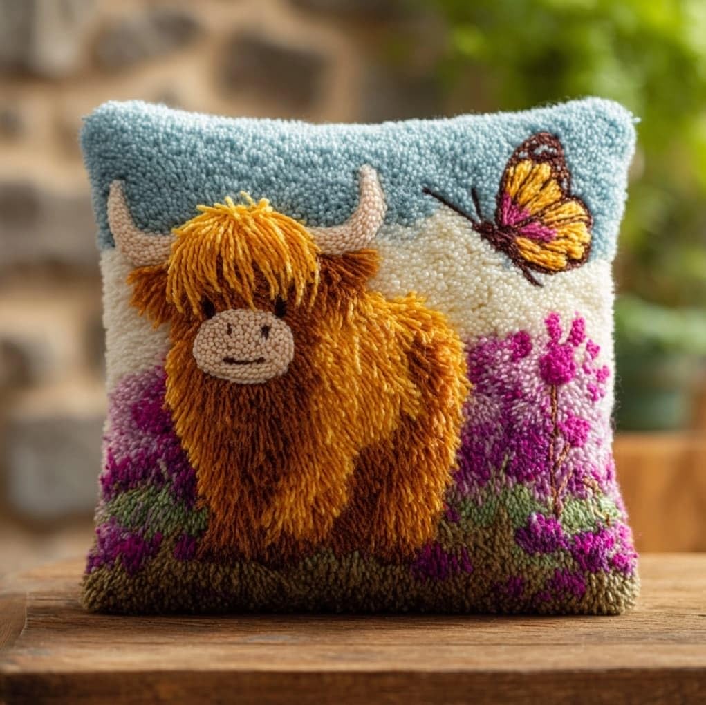 Latch Hook Kits for Adults Beginners,Highland cattle and butterflies