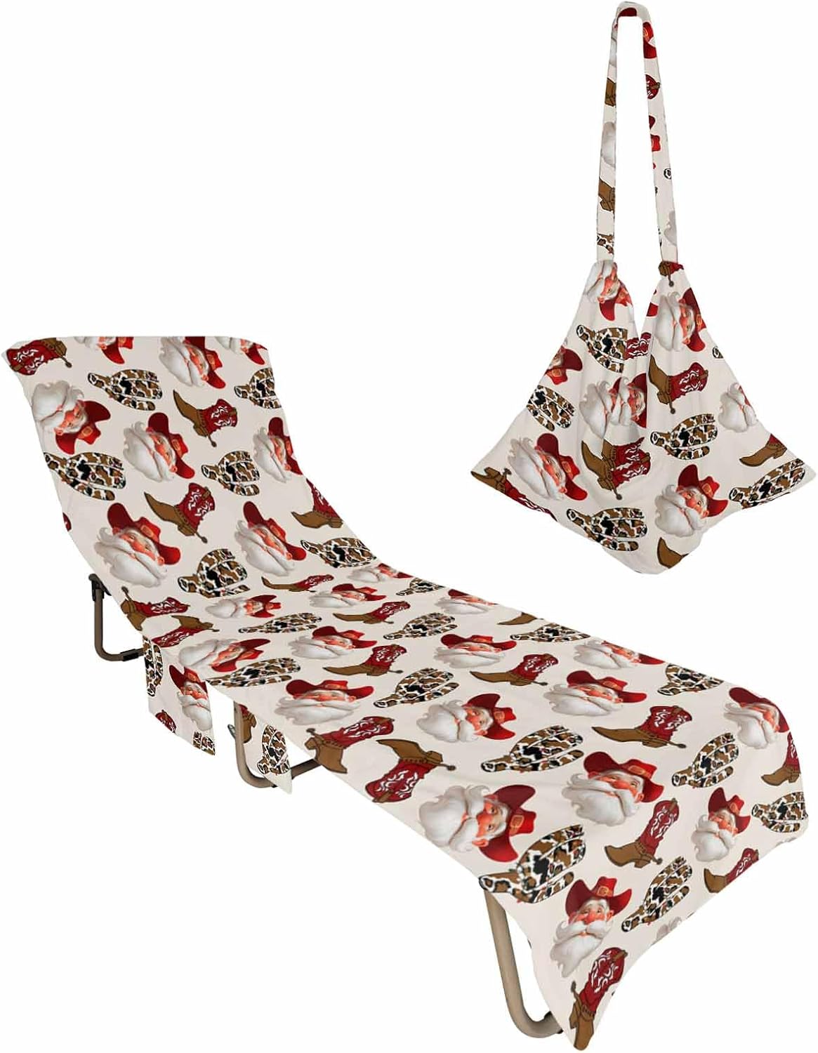 Cowboy Christmas Beach Chair Cover with Pockets, Microfiber Quick Dry Chaise Lounge Cover, Western Santa Xmas Winter Red Pool Lounge Chair Covers Towel for Sunbathing Patio Garden