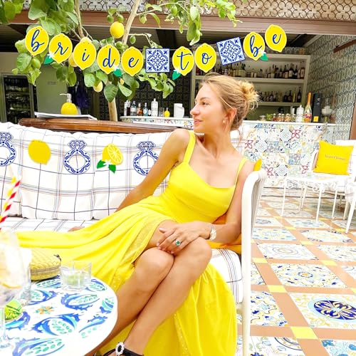 Image of Lemon Bridal Shower Decorations Capri Lemon Engagement Banner Blue Tiles And Lemon Bride to Be Banner Fruit Lemon Theme Bachelorette Party Decorations