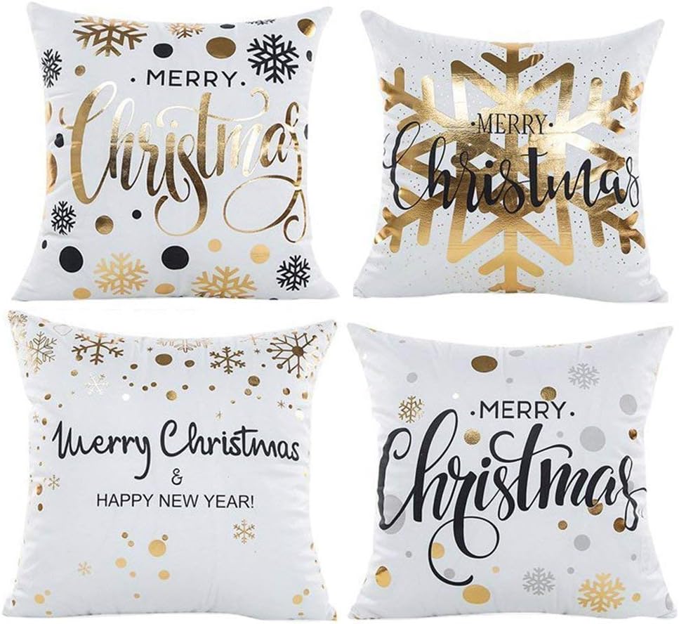 Wiwaplex Christmas Pillow Covers 4 PCS, Gold Stamping Snowflakes Merry Christmas Decorative Throw Pillow Case Cushion 18x18 Inch … (Style 1)