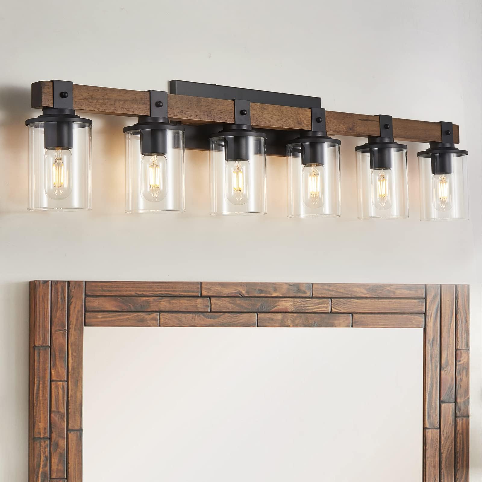Farmhouse Bathroom Light Fixture Wood Black Vanity Lighting 2-Light ...