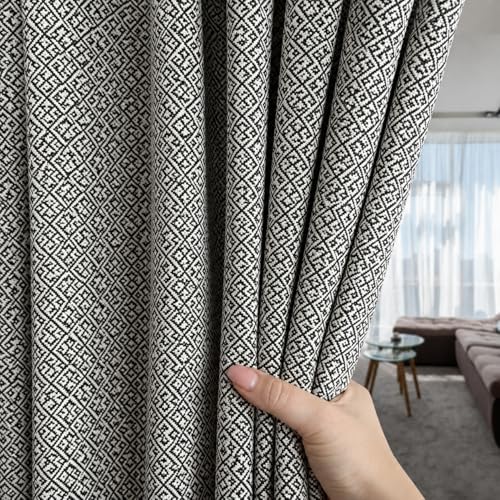 Image of Fabrilia Jacquard Geometric Pattern Curtains for Long Door | Black & White Diamond Design | Room Darkening Curtain Panels | Pack of 1 Piece | 9 feet