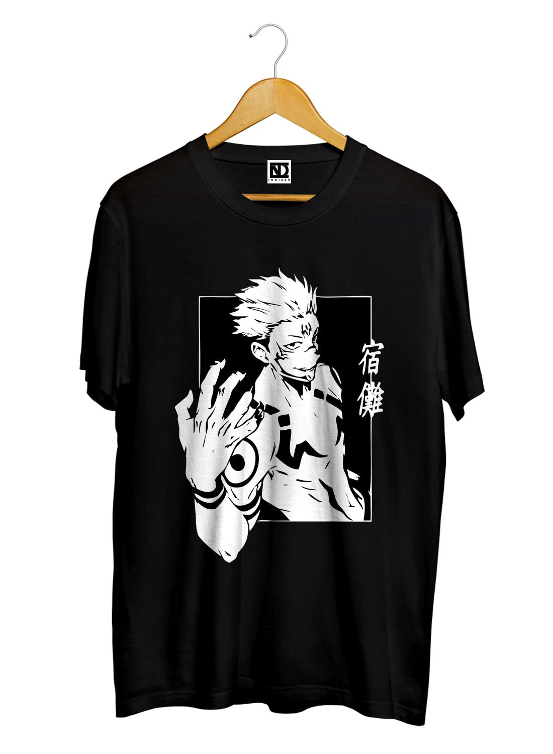 INDISSHUnisex Collarless Regular Fit Pure Cotton Round Neck Jujutsu (JJU5) Anime Graphic Printed T-Shirt| Regular & Casual Wear Half-Sleeves Tshirts| Pack of 1 Tshirt|